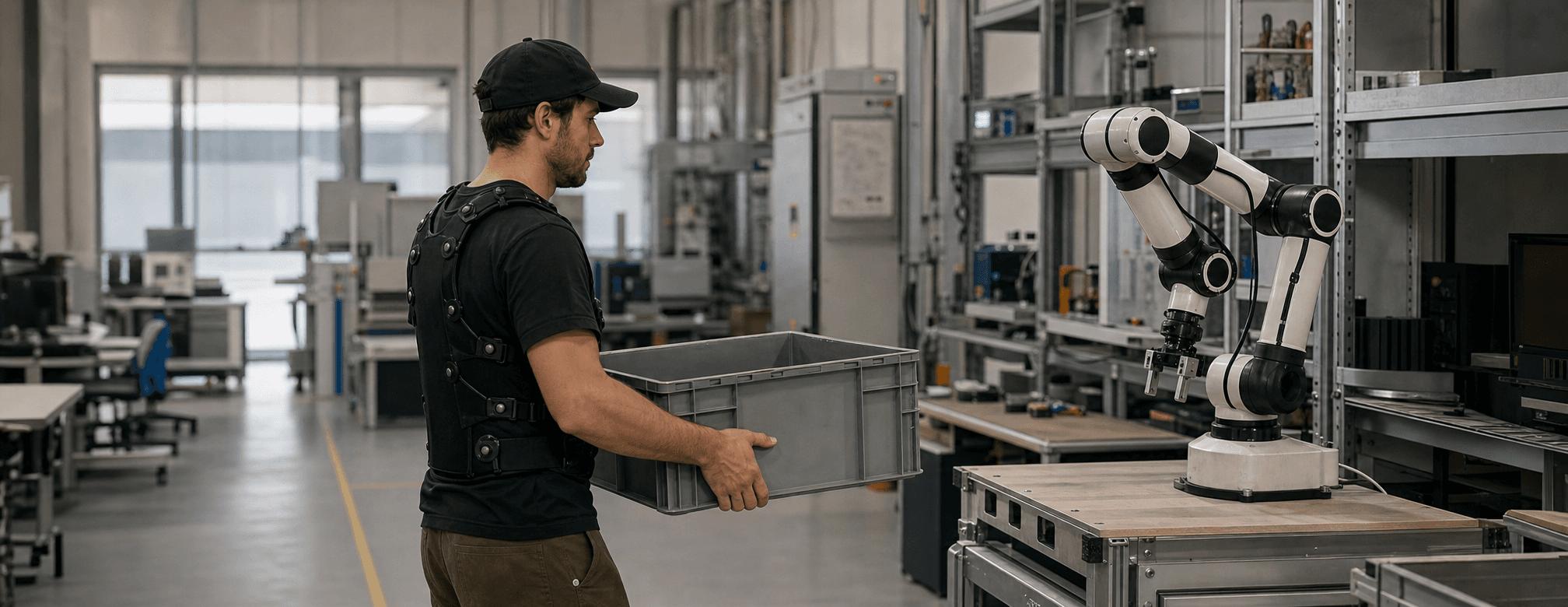 Technician carrying an industrial tote toward a robot arm in a data-capture lab